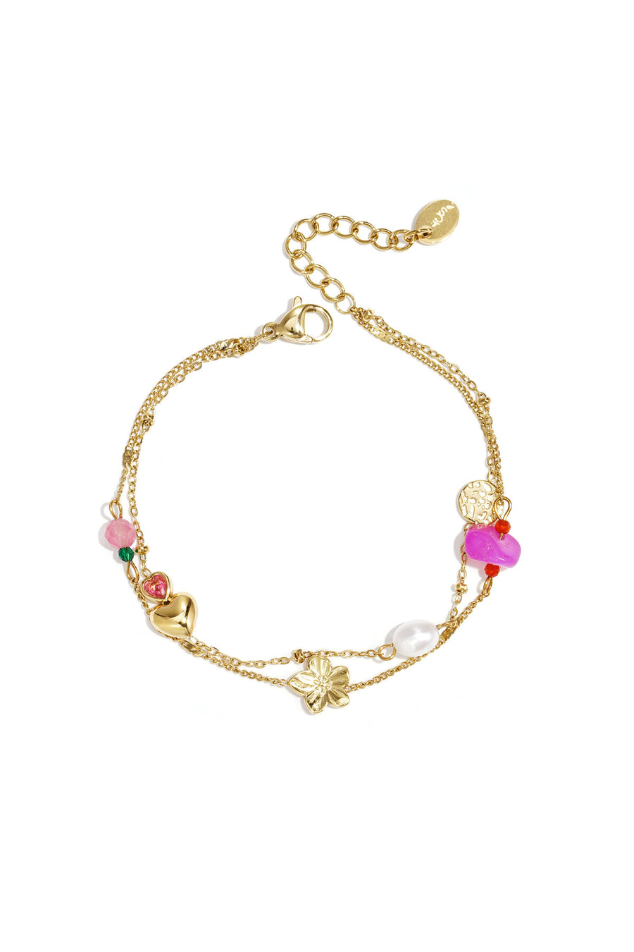 Pulsera con dije de corazón, flor, perla y cuentas